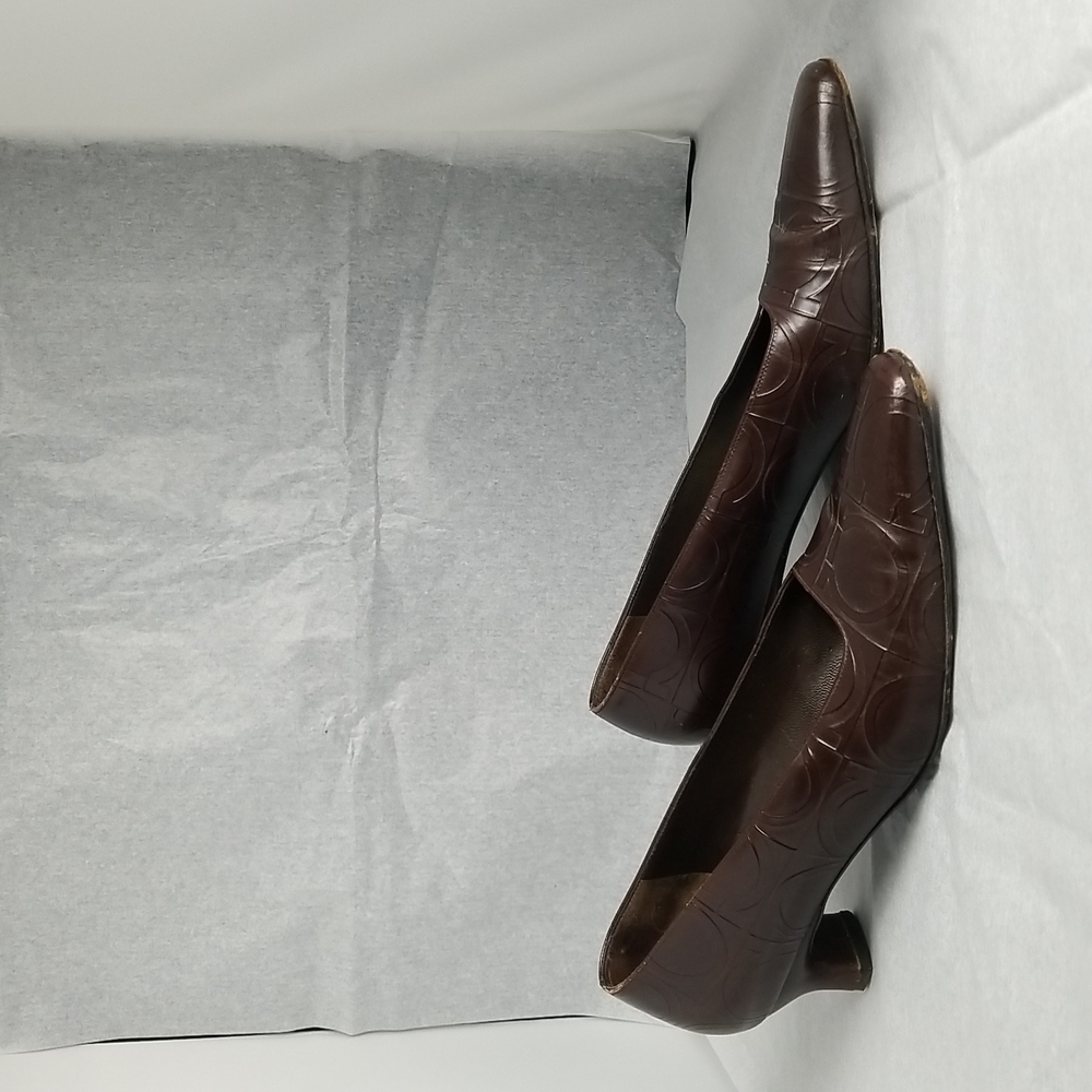 Salvatore Ferragamo Horsebit Logo Chocolate Leather Square-Toe Kitten Heels